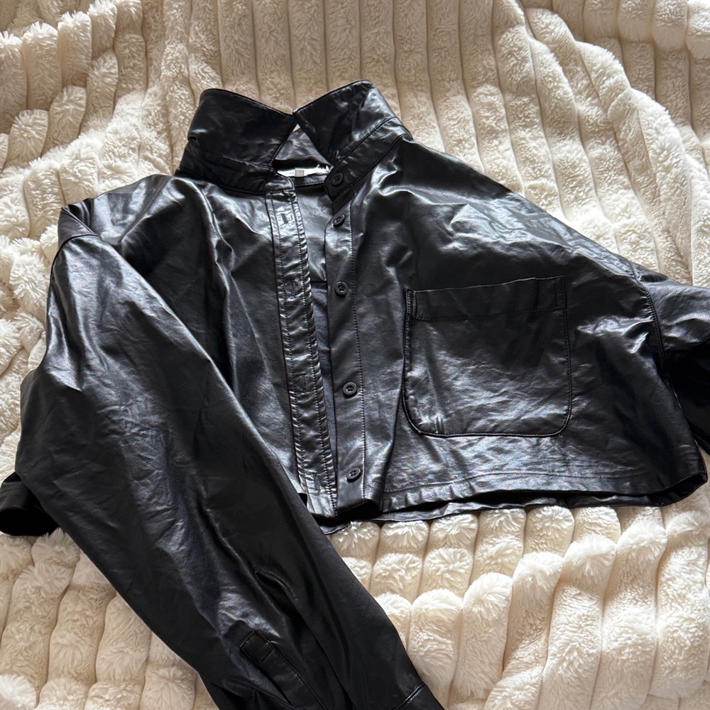 Cropped Black Faux Leather Button
